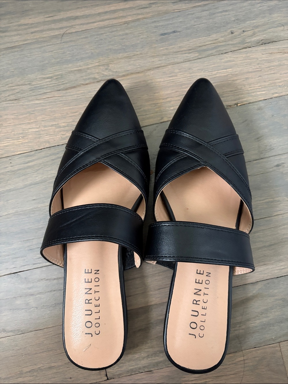 Journee Collection Black Pointed Toe Slip-On Mules with Crisscross Strap